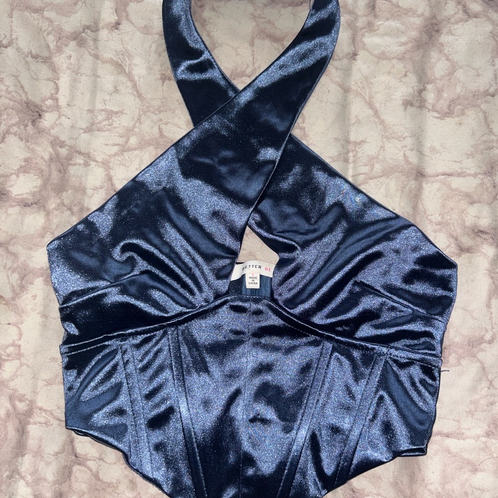 Trendy Boutique Navy Blue Satin Crop Top